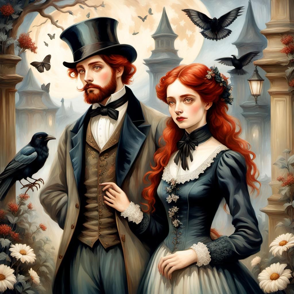 Ethereal Victorian Couple Amidst Ravens and Butterflies