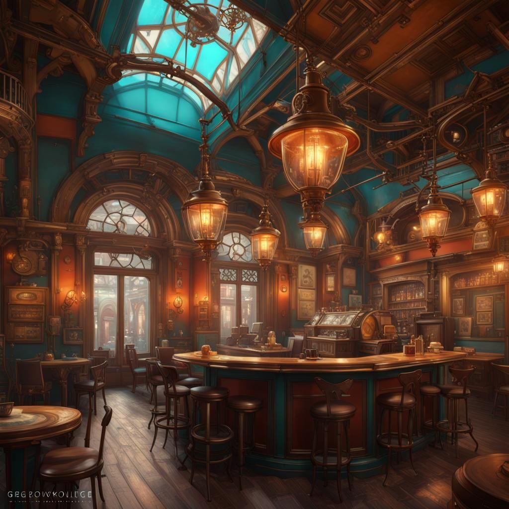 Steampunk London Coffeehouse: Detailed Concept Art