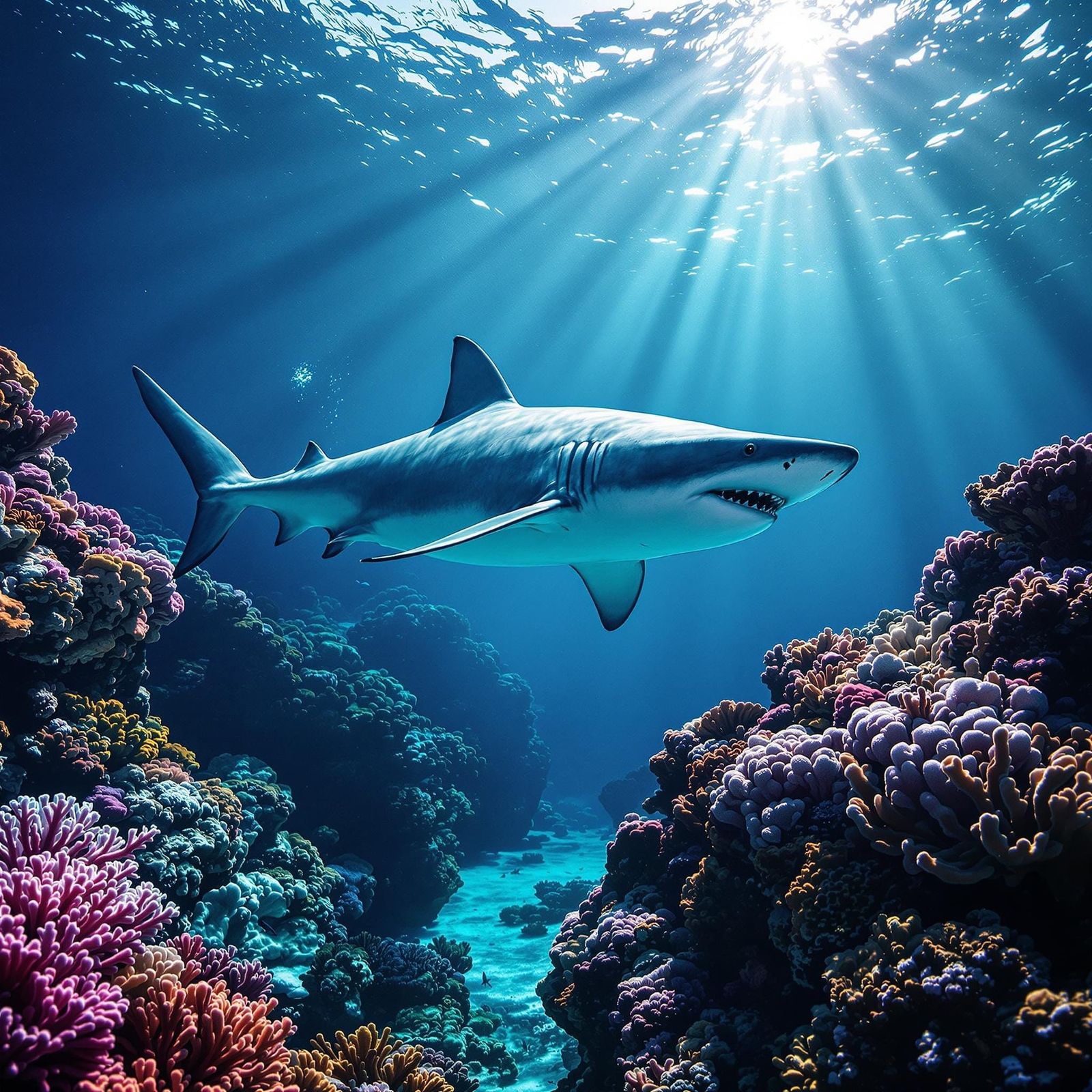 Majestic Great White Shark Glides Through Vibrant Great Barr...