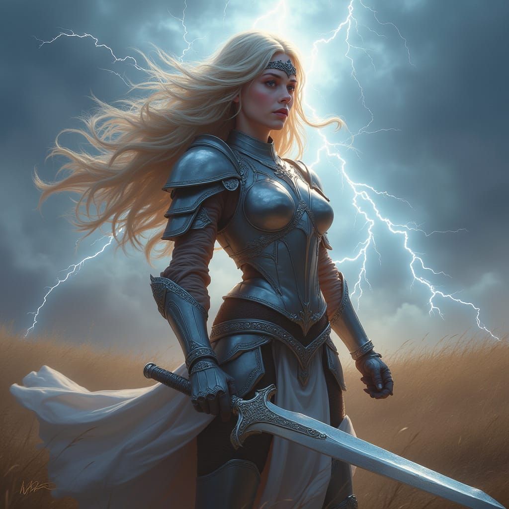 Valkyrie Warrior in Windswept Battlefield: Digital Painting