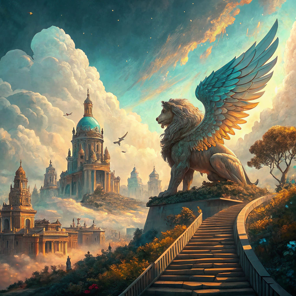 Heavenly Cityscape with Winged Lion Statue