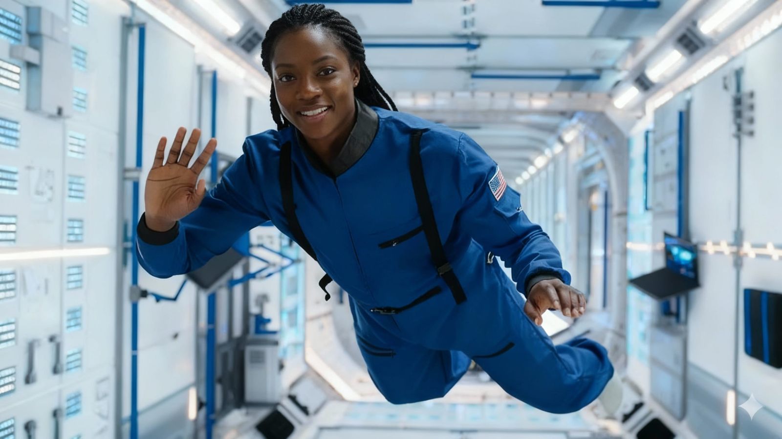 Cheerful Black Female Astronaut in Space Station Corridor