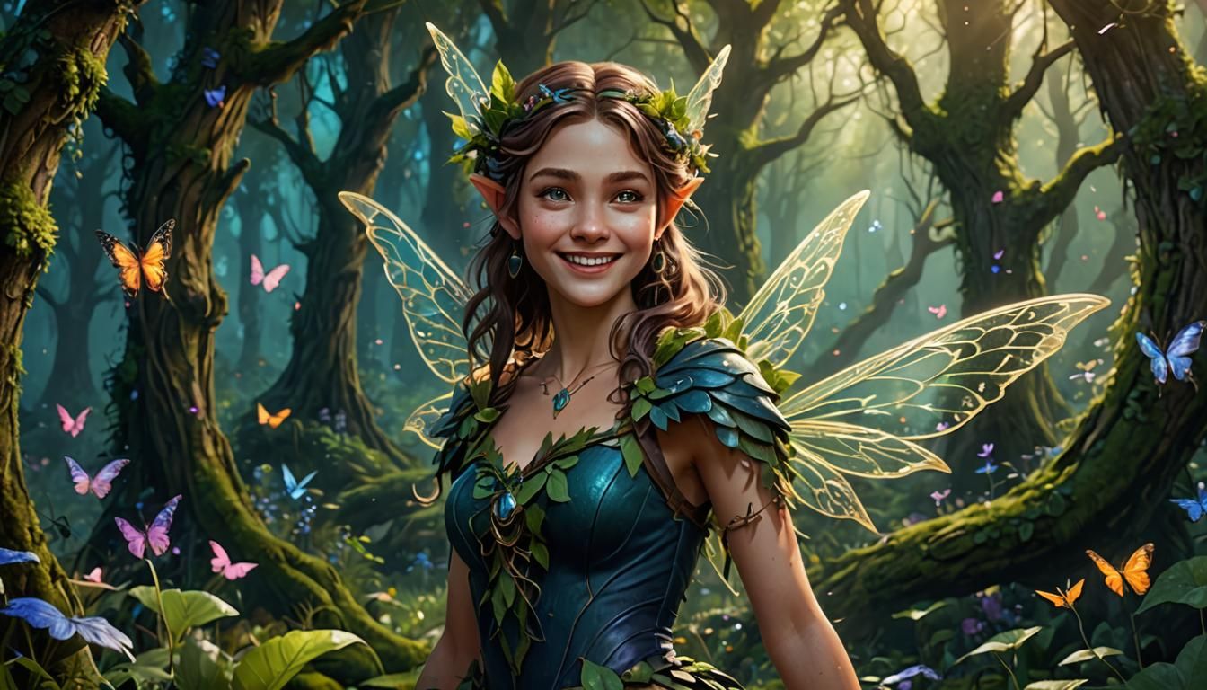 Smiling Fairy in Enchanted Forest, Detailed Matte Painting
