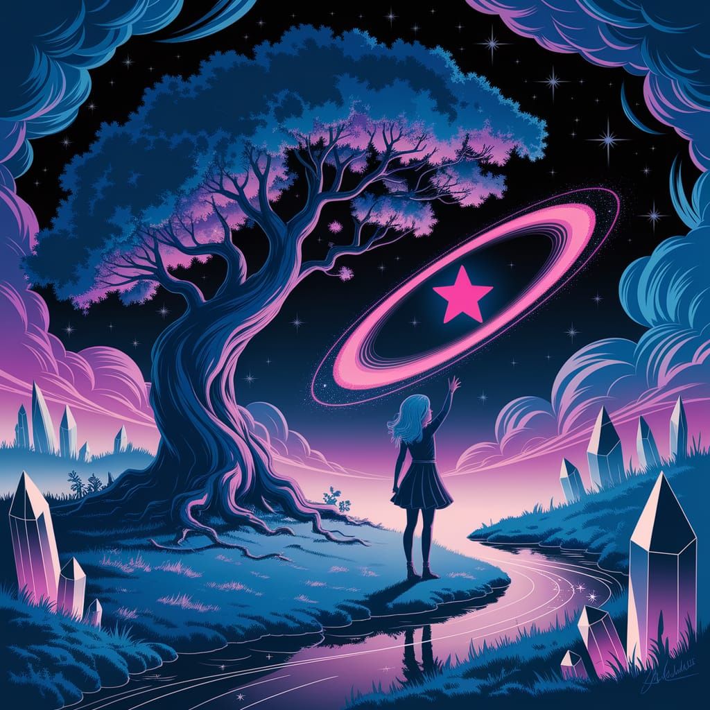 Magical Tree with Girl Reaching for Star in Cosmic Landscape