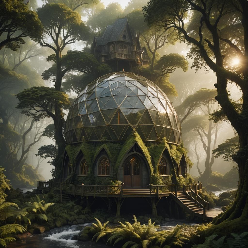 Mystical Gothic Geodesic Dome House in Misty Forest