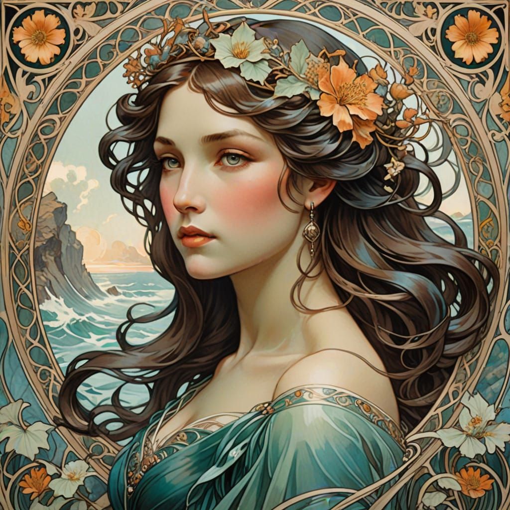 Ethereal Siren Portrait in Art Nouveau Style