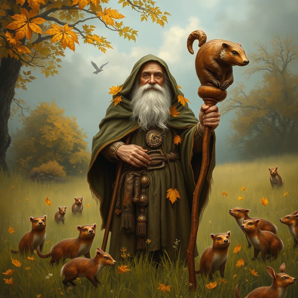 Surreal Hobbit Druid Connects with Nature in Autumnal Landsc...