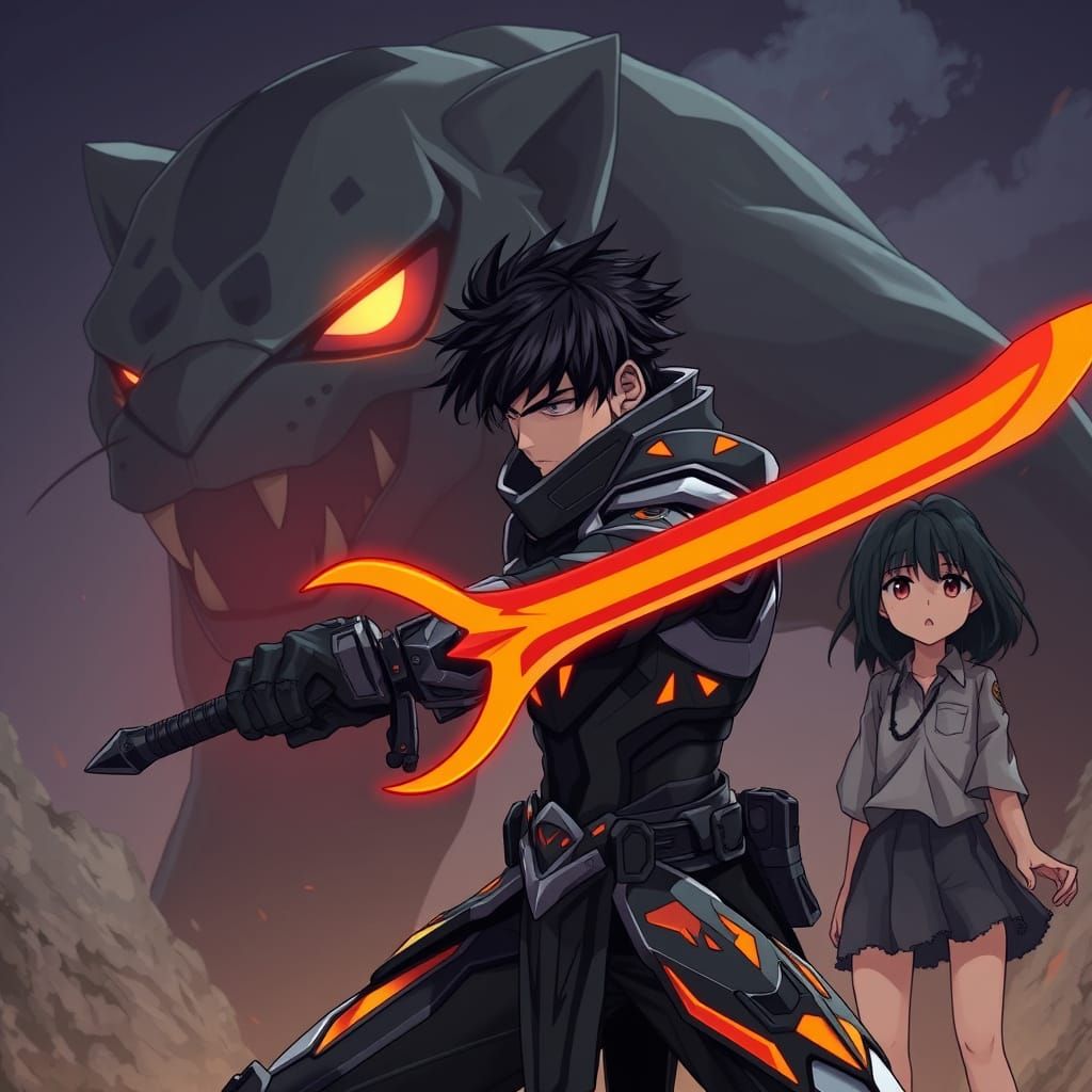 Heroic Warrior Battles Alien Beast in Epic Anime-Style Battl...