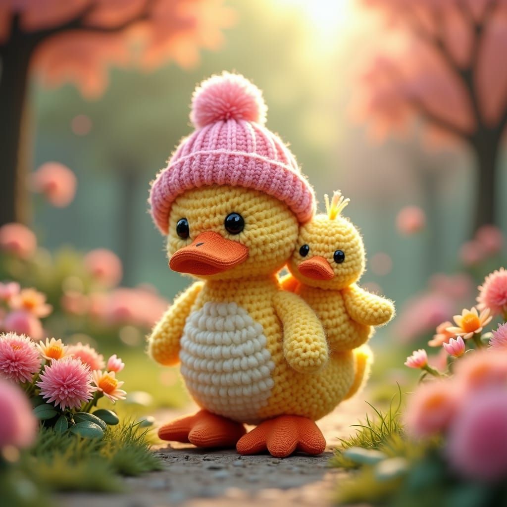 Mother and Baby Duck Amigurumi in Park Scene