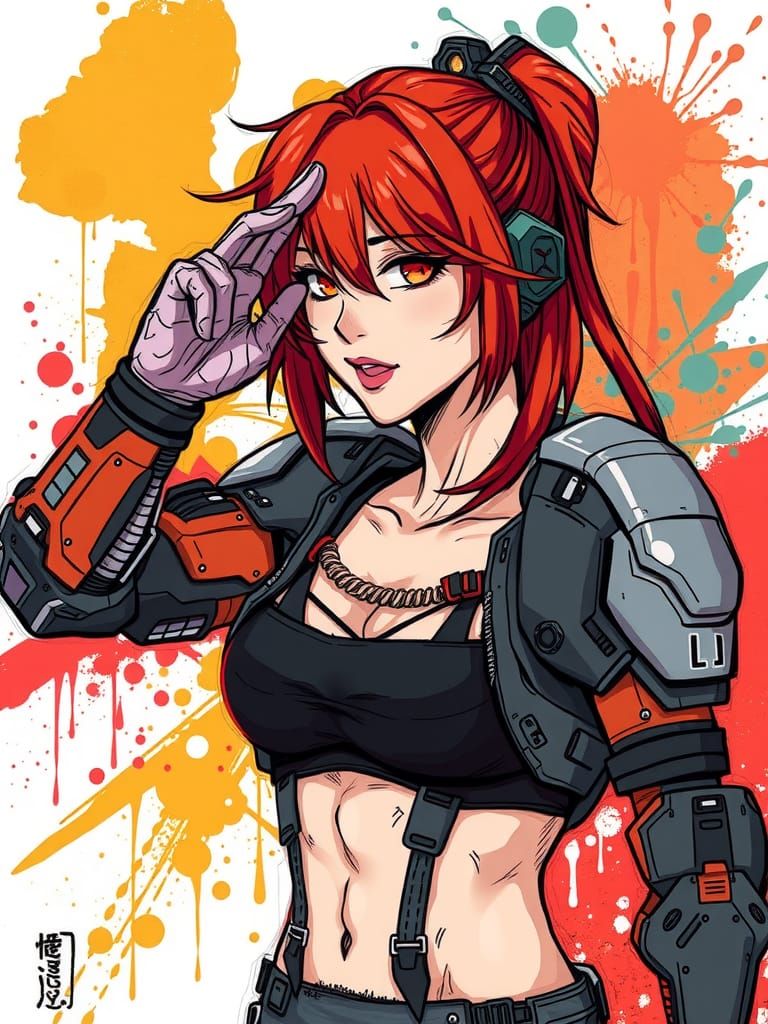 Female Combat Marine Salutes in Cyberpunk Manga Style