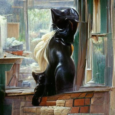 Black Cat Gazing Out Window as Oil Painting