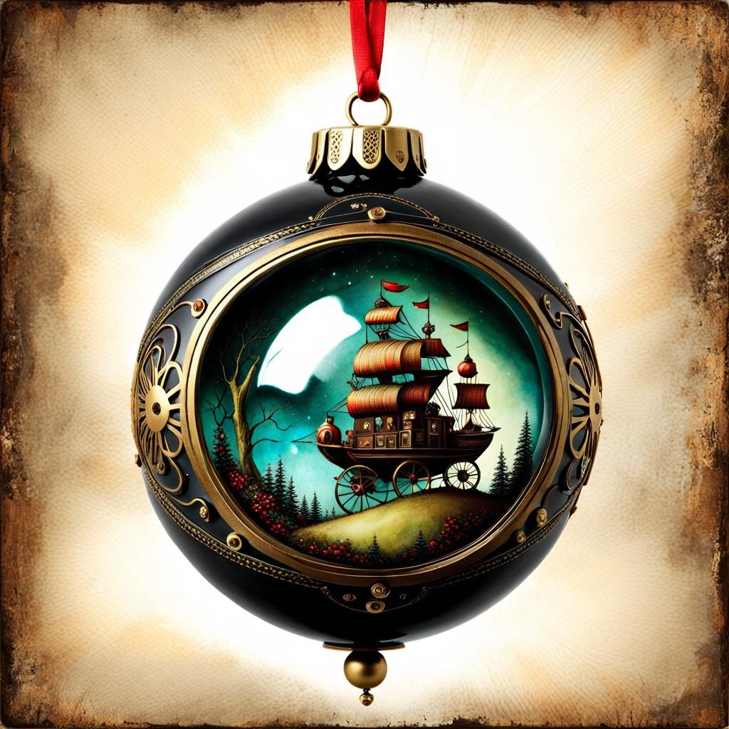 Whimsical Steampunk Christmas Bauble in Watercolor Style