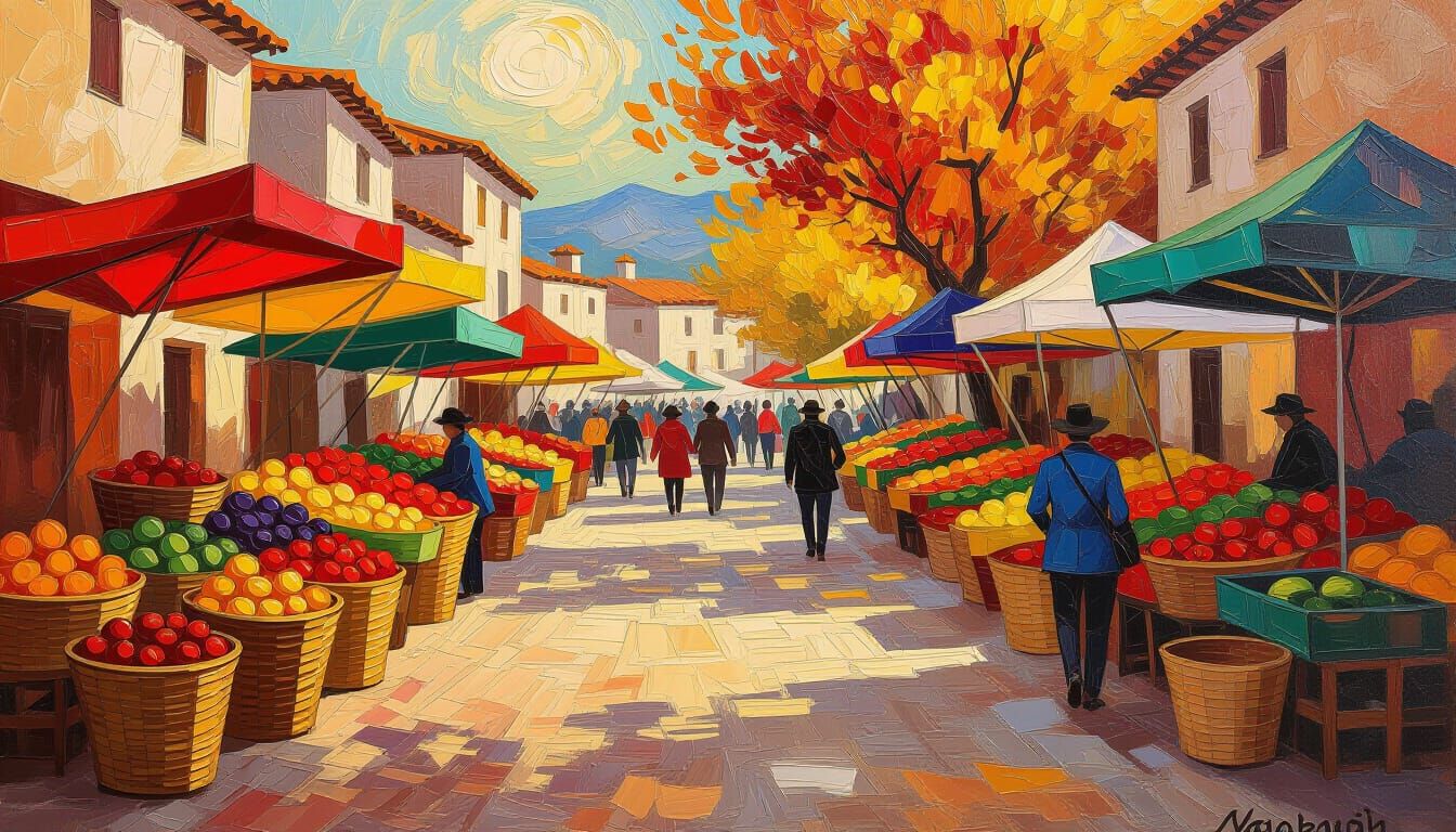 Vibrant Harvest Festival Marketplace in Swirling Colors