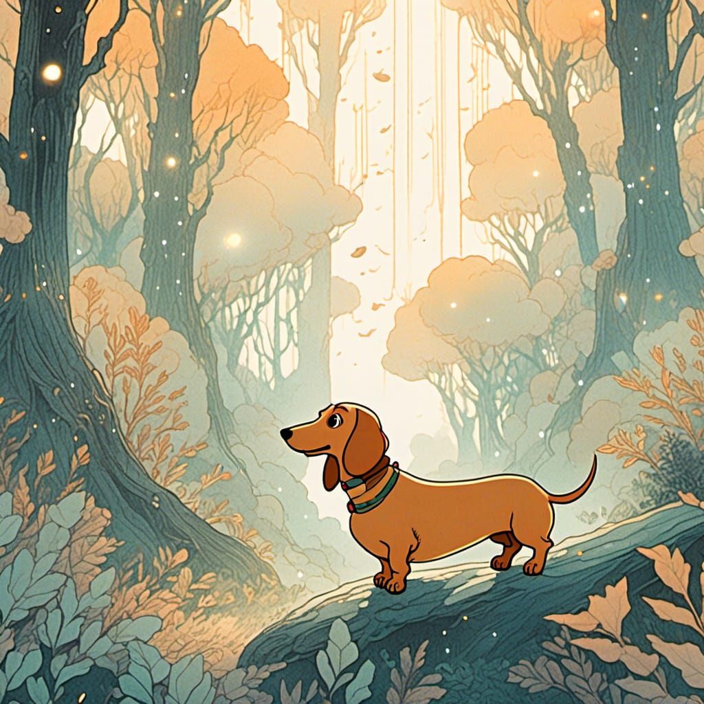Ghibli-Inspired Dachshund Illustration in Mystical Forest