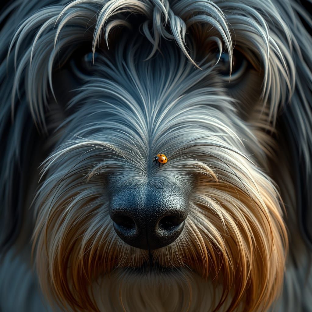 Hyper-Realistic Shaggy Dog Sniffing Ladybird