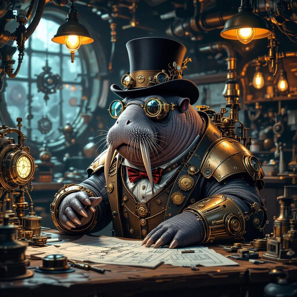 Steampunk Walrus Tinkering in Cozy Workshop
