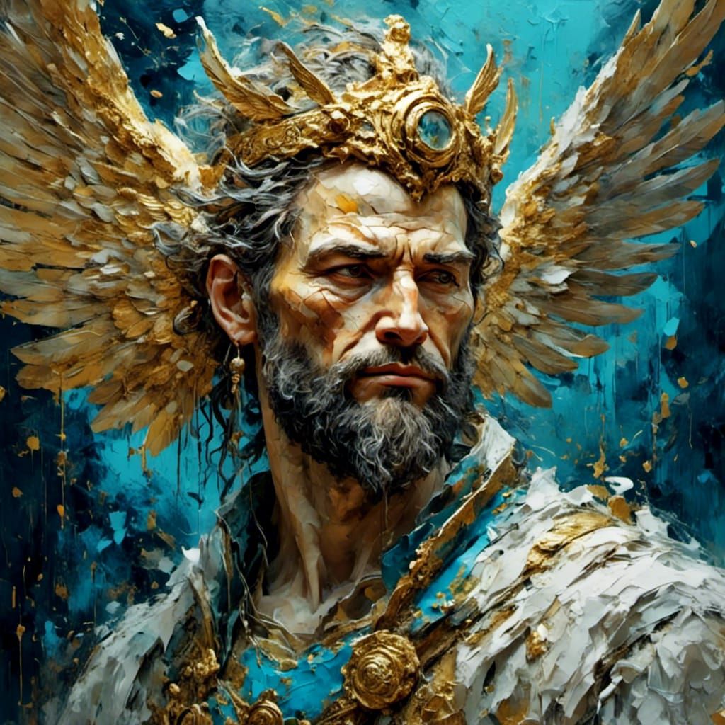 Winged Man with Halo in Hyperrealistic Oil Painting