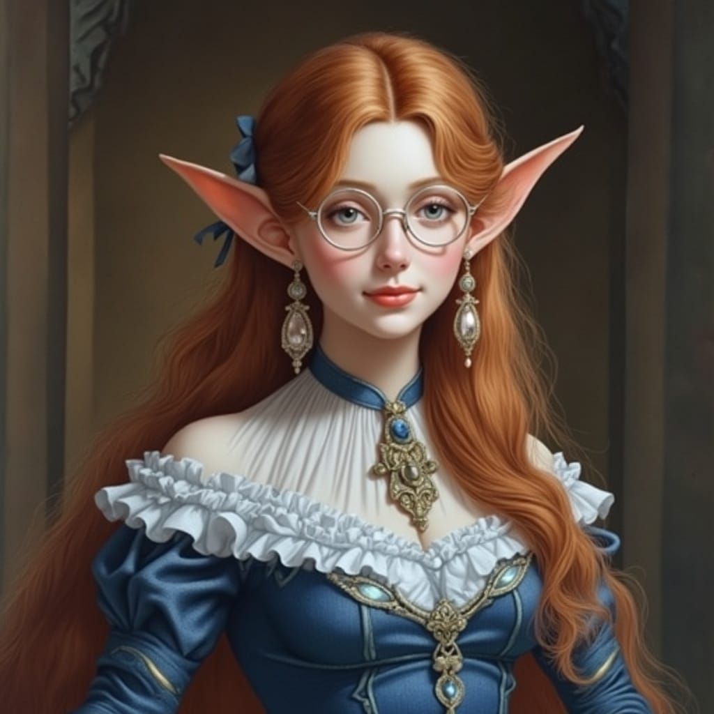 Elegant 18th Century Elf Woman in Victorian Era Lobby