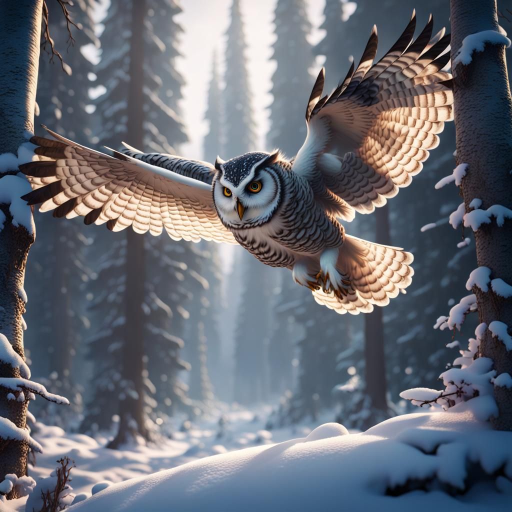 Owl Soaring Through Snowy Forest, Detailed Matte Painting