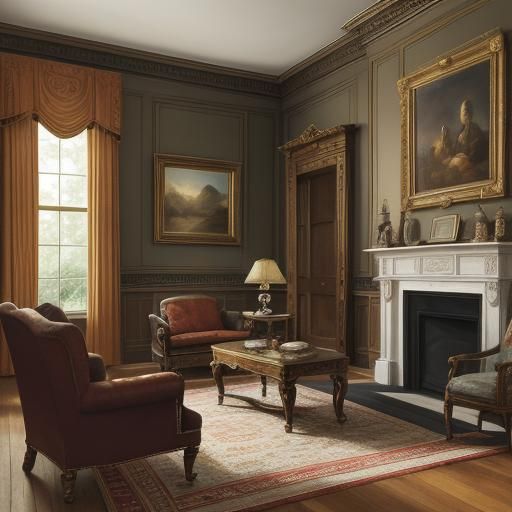 Victorian Living Room with Fireplace in Gouache Style