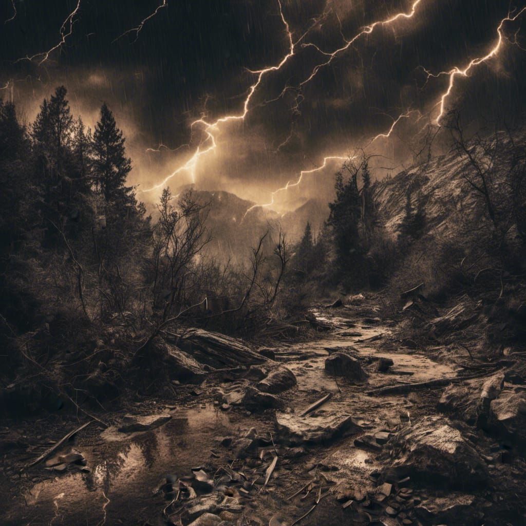 Mountain Lightning Storm in Gothic Kintsugi Art