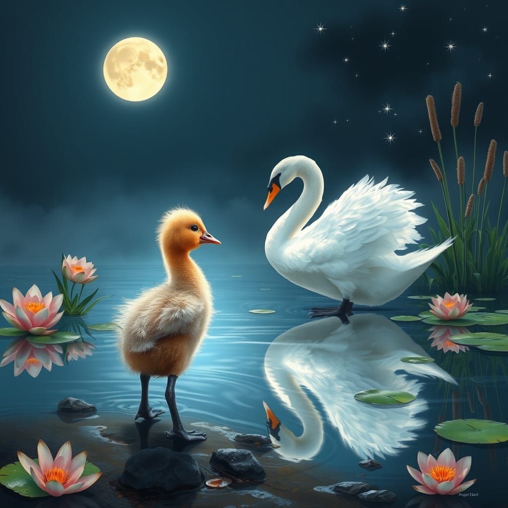 Ethereal Swan Reflects in Moonlit Pond