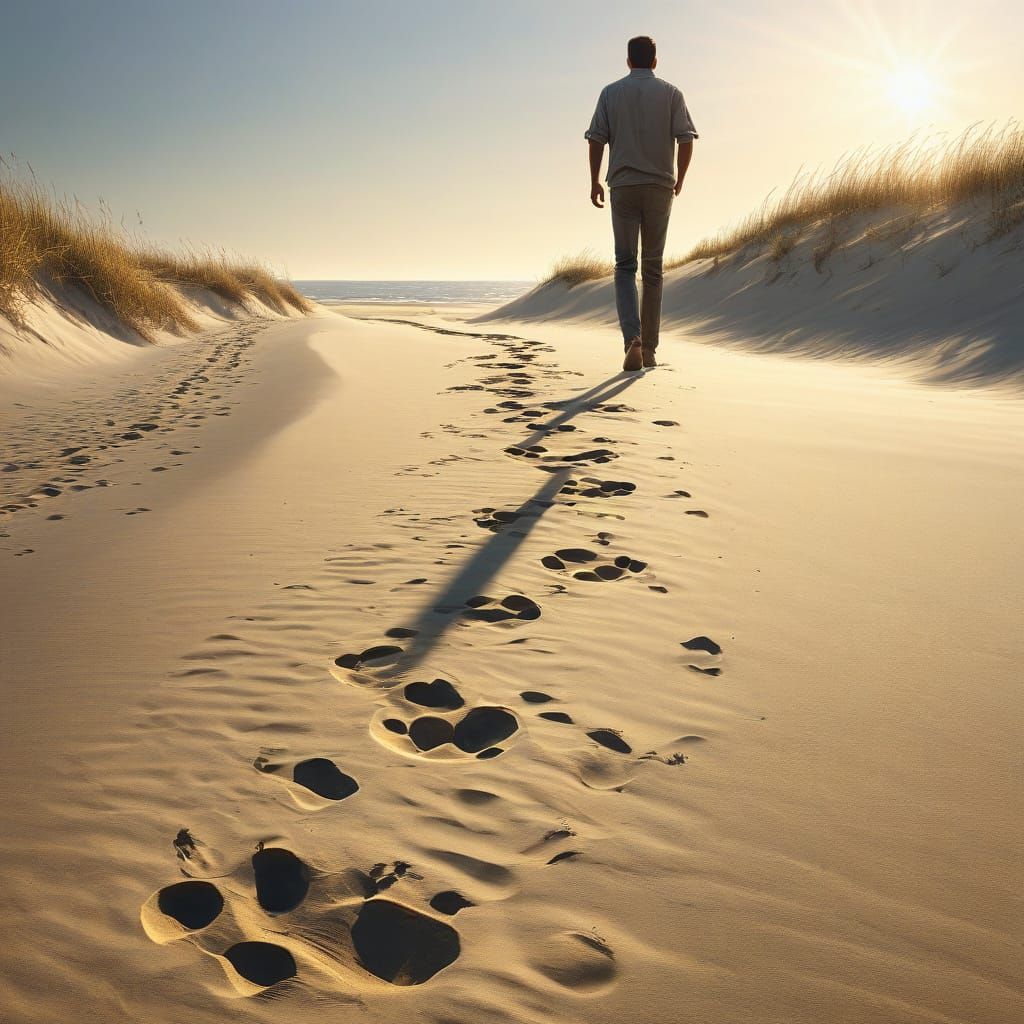 Man's Footprints Trail on Sand at Golden Hour