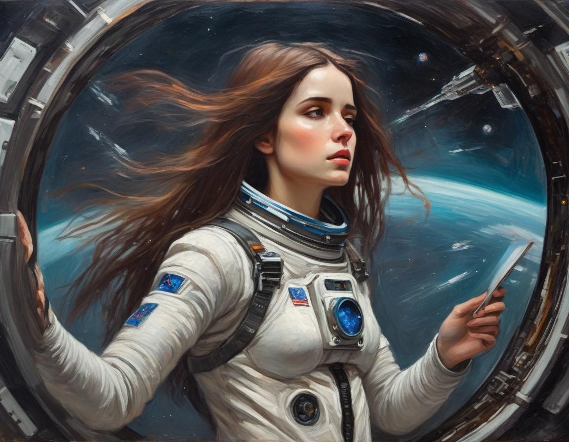 Android Woman in Space Station: Pre-Raphaelite Oil Painting