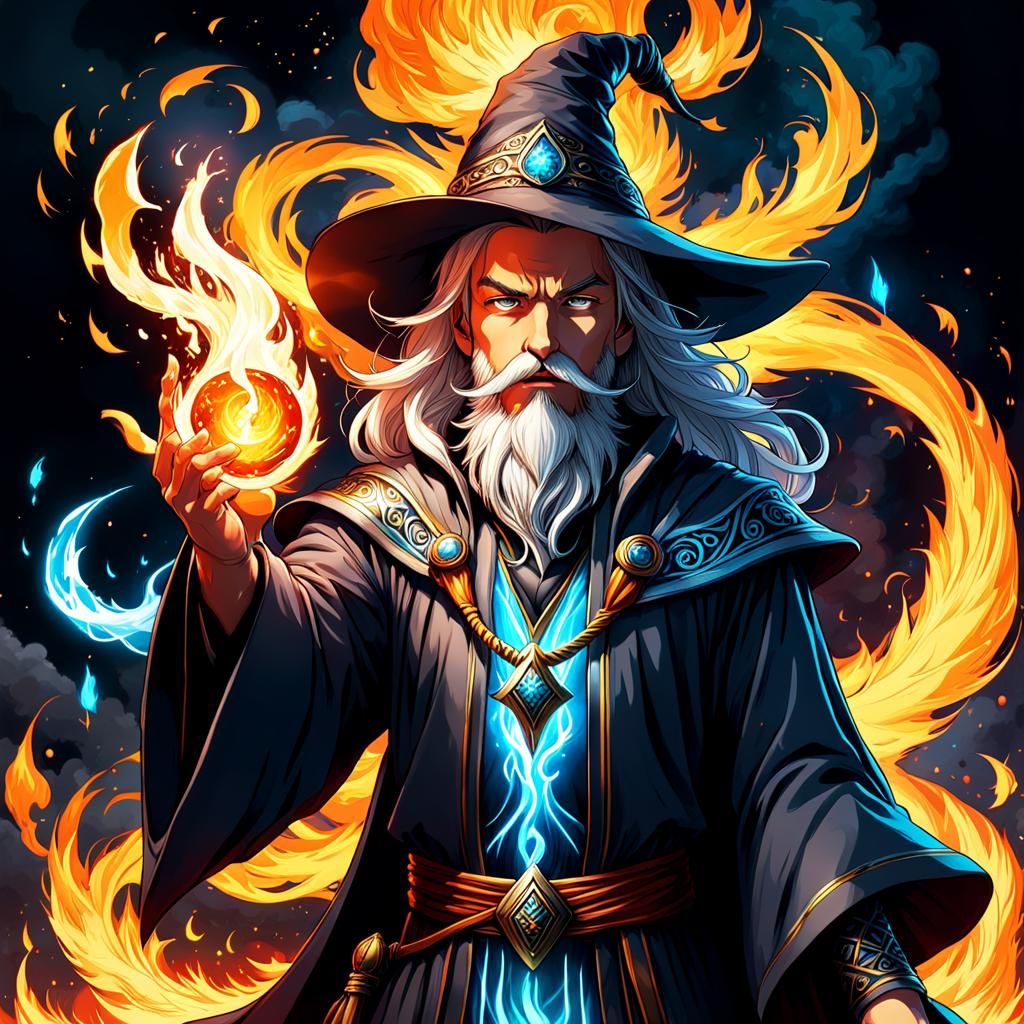 Wizard Conjuring Elemental Magic, Digital Art