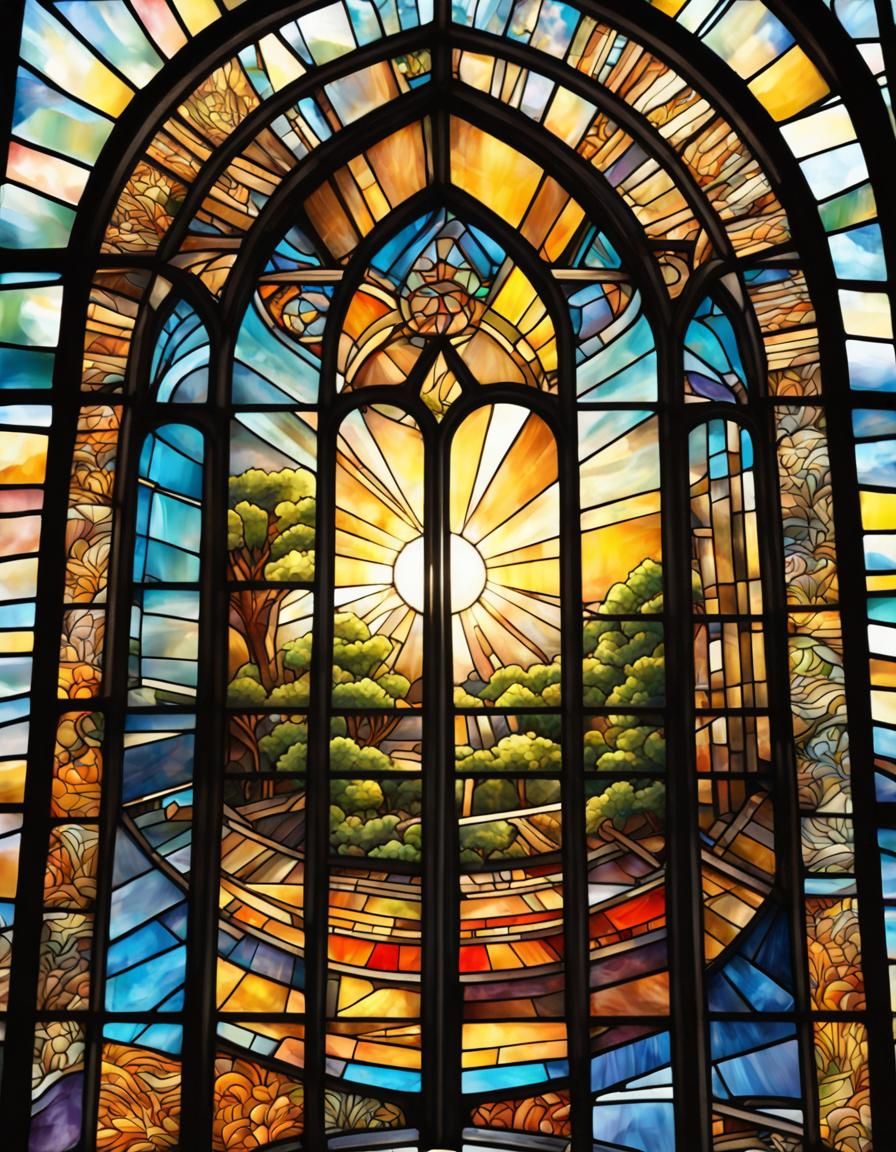 Detailed Stained Glass Window with Sun Rays