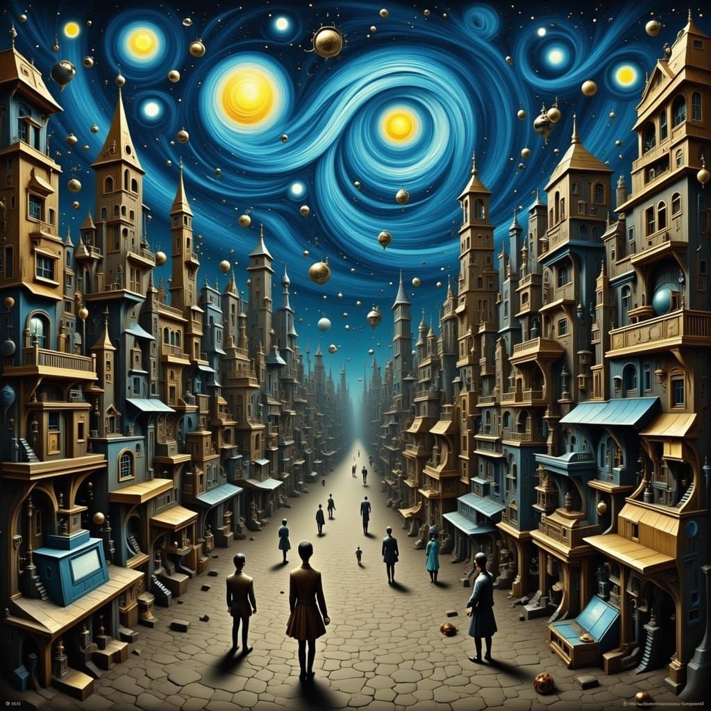 Steampunk Metropolis Under Starry Night Sky in Van Gogh Styl...