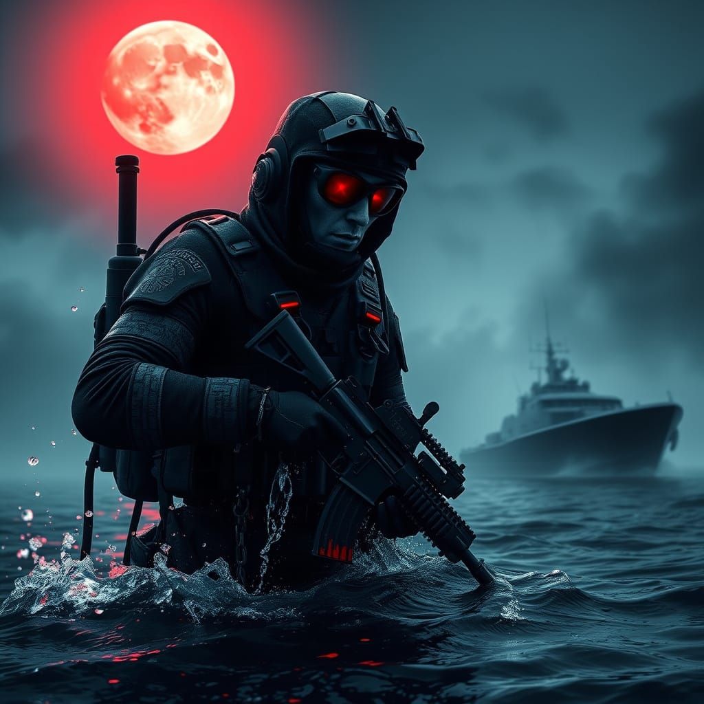 Vampire Navy SEAL Emerging from Ocean at Night