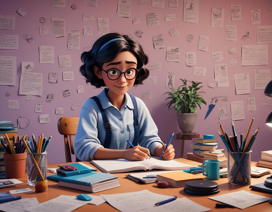 Young Woman Writing: Pixar-Style 3D Digital Art