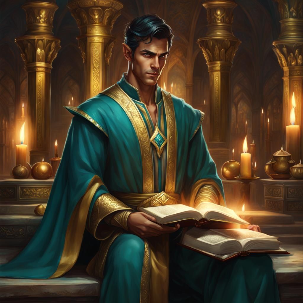 Handsome Elf Priest in Ancient Temple, Digital Art