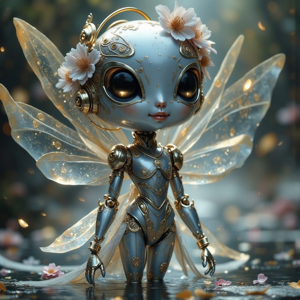Elegant Nymph Cyborg Robot with Floral Metal Body