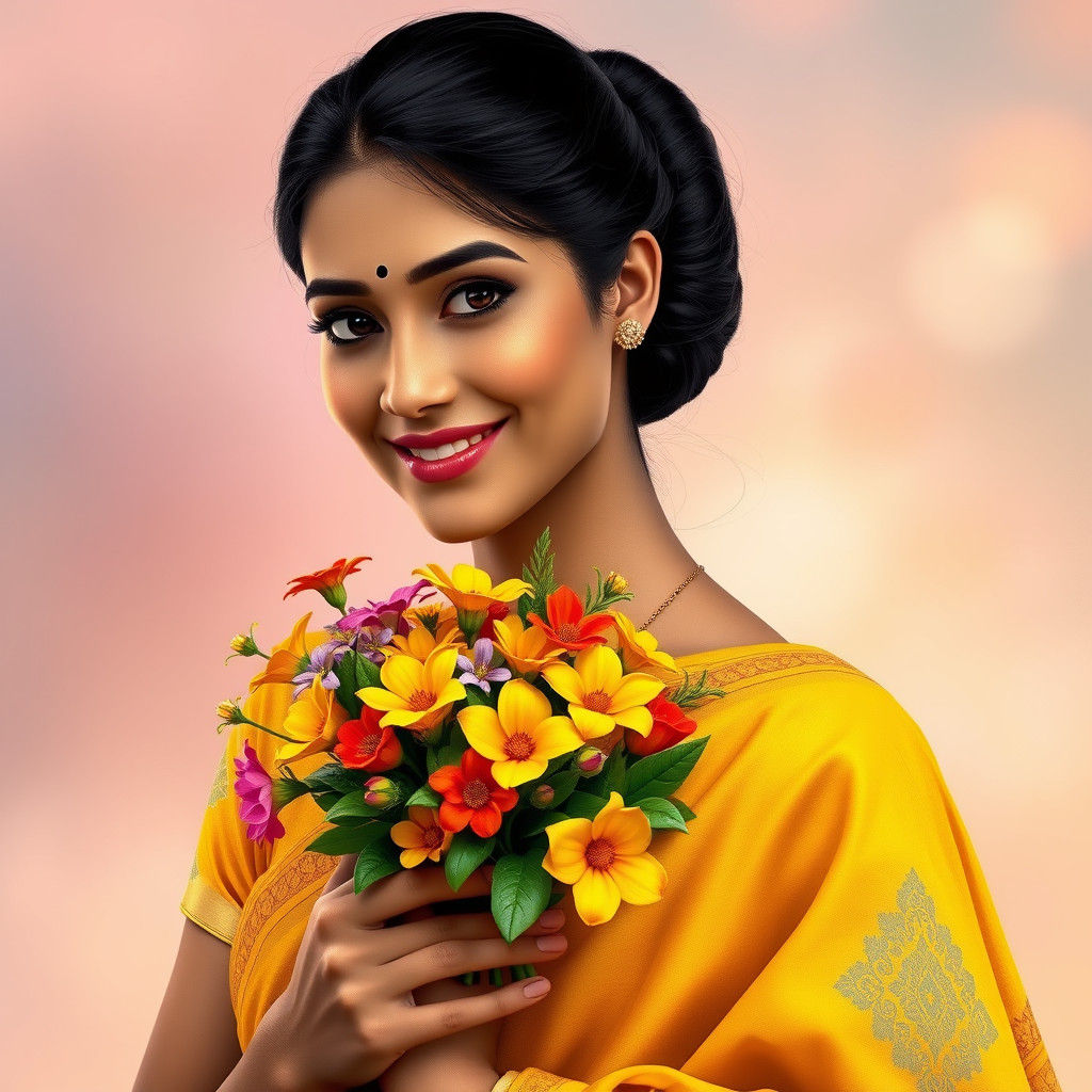 Indian Woman in Yellow Saree with Flowers