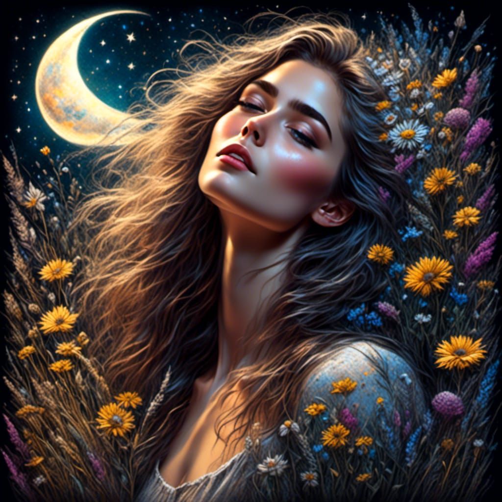 Young Woman Gazing at Moon in Chalk Art Style
