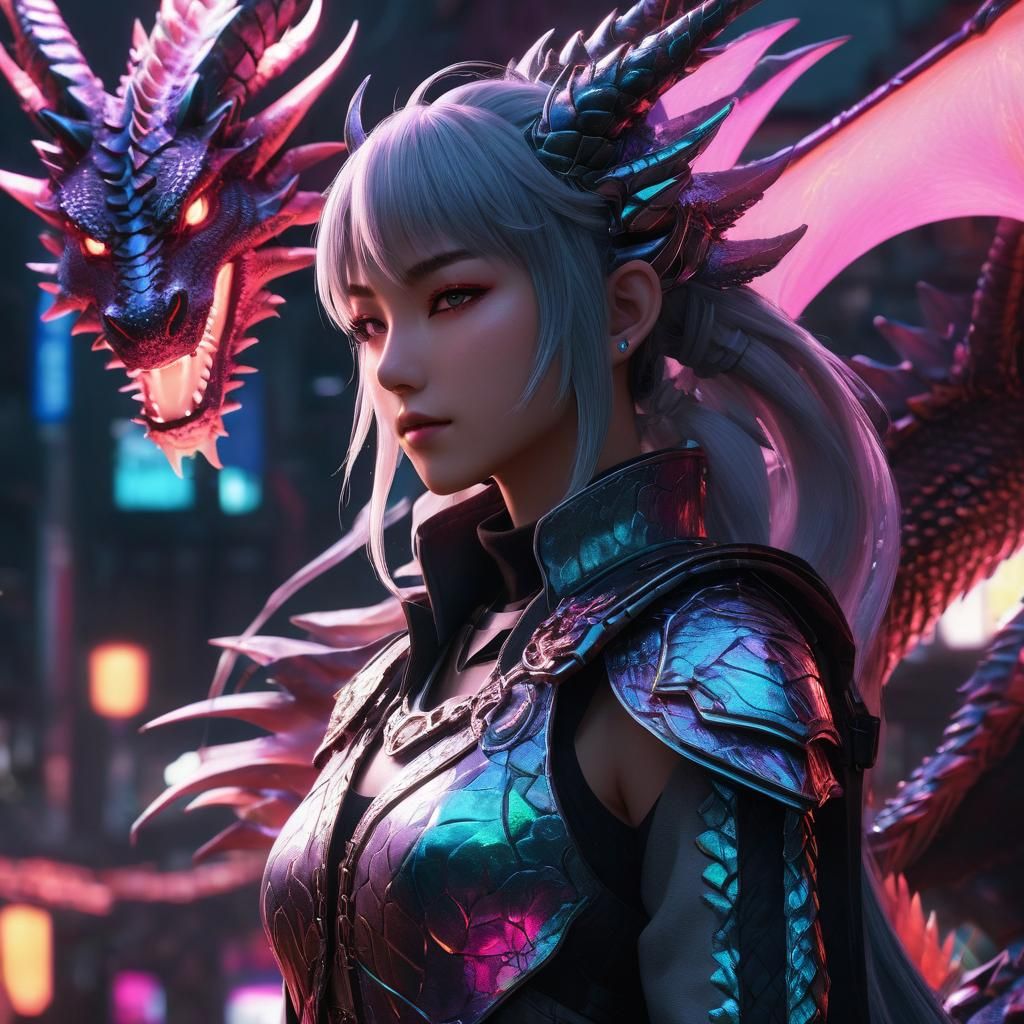 Cyberpunk Anime Dragon Girl in Neon Lit Warrior-Monk Style