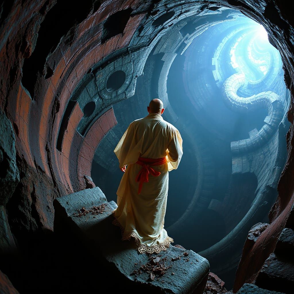 Monk Navigating Labyrinth in Atompunk Style