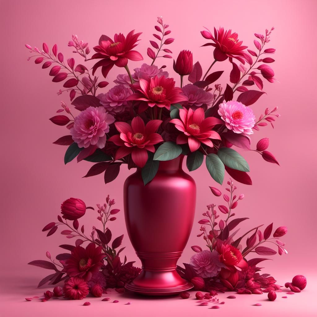 Vibrant Red Vase with Pink Flowers, Matte Painting