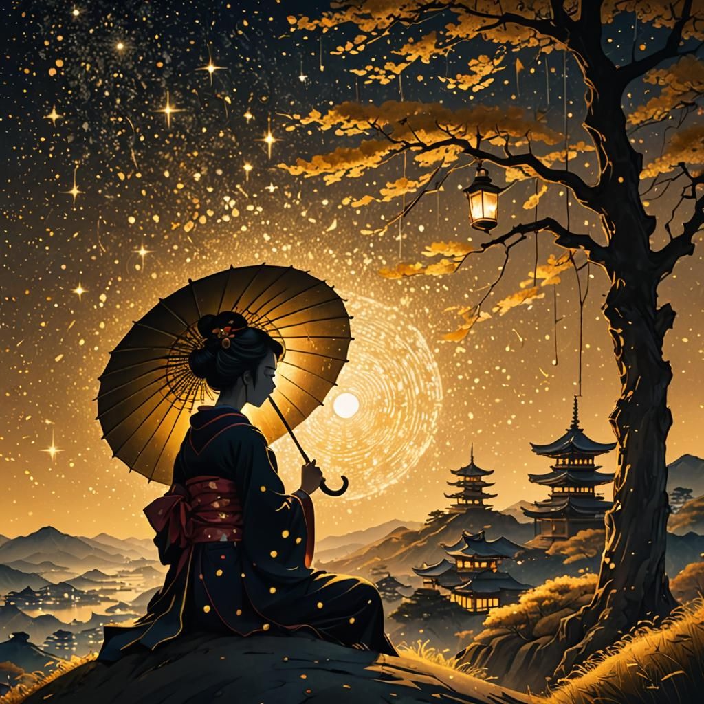 Geisha Silhouette Under Lantern in Japanese Landscape