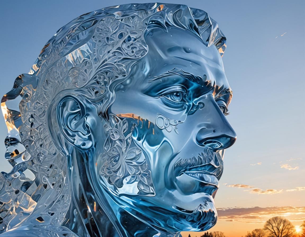 Melting Transparent Ice Statue Head in Painting Style