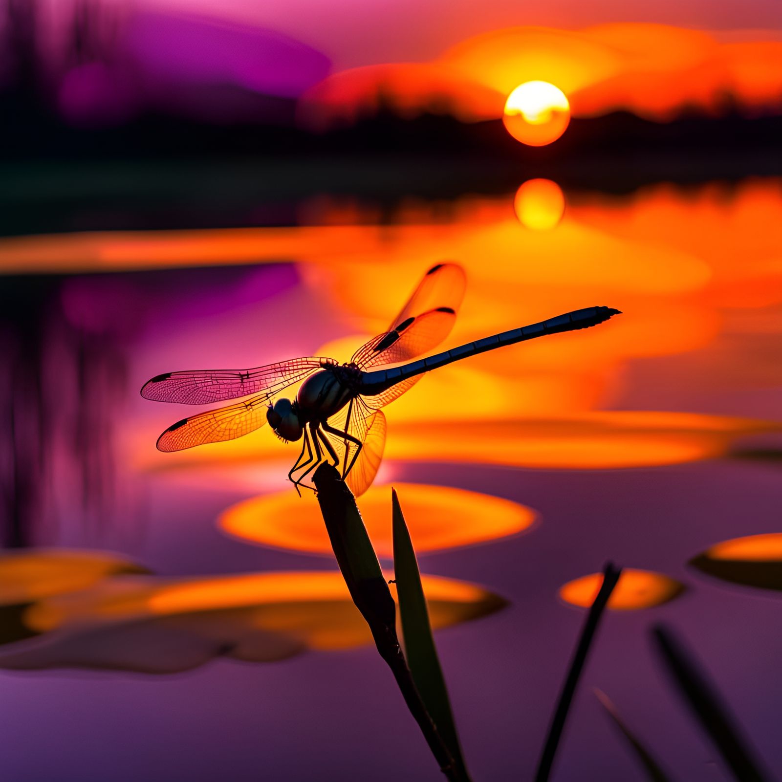 A lone dragonfly at dusk, its silhouette stark against the backdrop of a sun setting in a blaze of oranges and purples, ...
