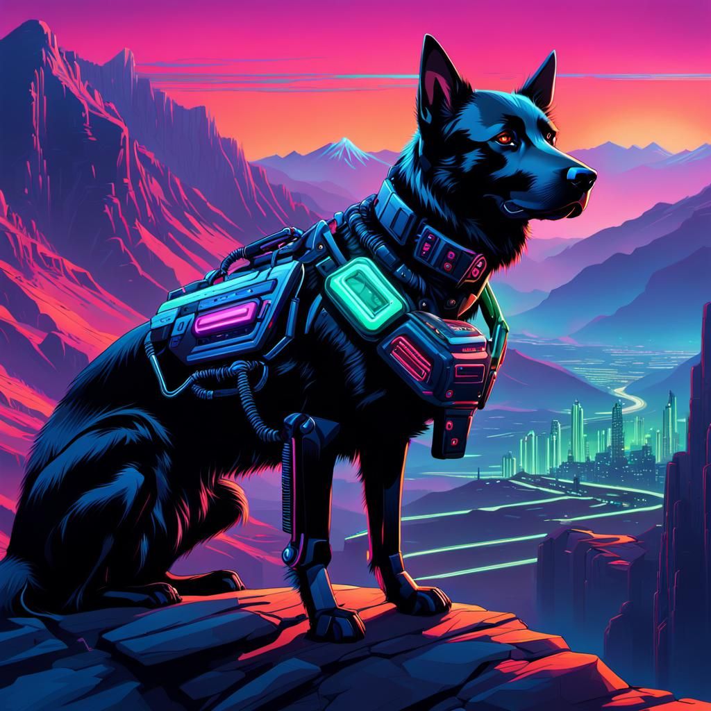 Cyberpunk Dog Lounging Above Futuristic Cityscape