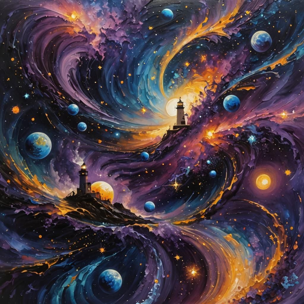 Cosmic Ocean Waves and Lighthouse in Pointillism