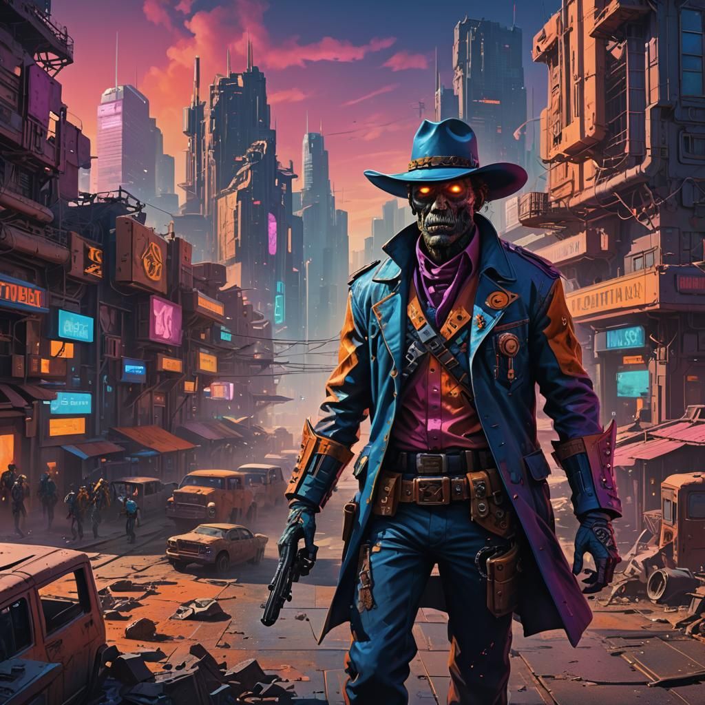 Zombie Cowboy in Retro Metropolis: A Sci-Fi Portrait