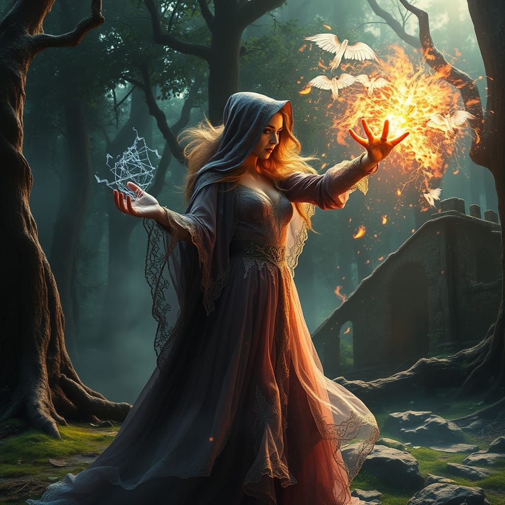 Enchanted Sorceress in Dark Forest, Amidst Ethereal Spirits...