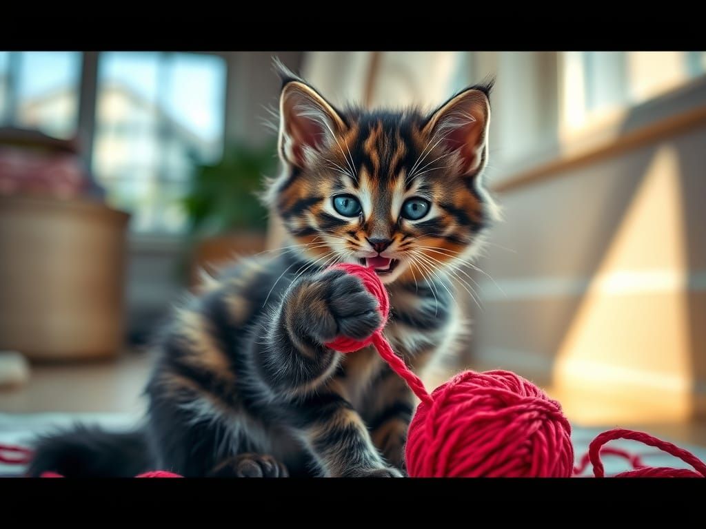 Fluffy Tortoiseshell Kitten Plays with Red Yarn in Warm Ligh...