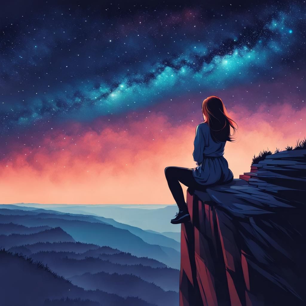 Melancholy Woman Stargazing on Cliff Edge