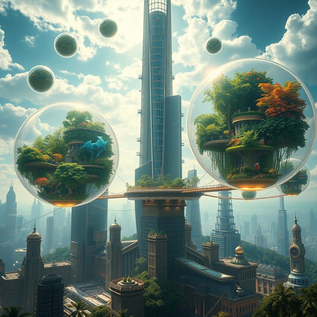 Futuristic Floating Bubble Cityscape in Psychedelic Art Styl...